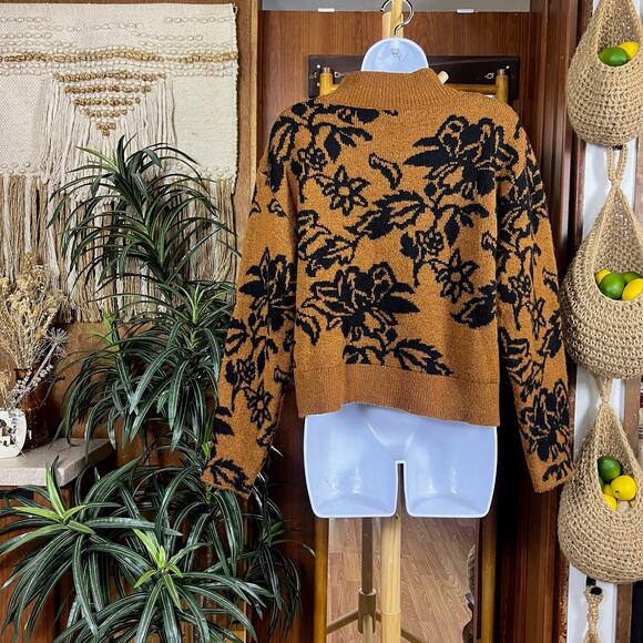 Topshop Floral Jacquard Sweater M | Brown Cinnamon Black Mockneck Soft Pullover - Picture 3 of 14